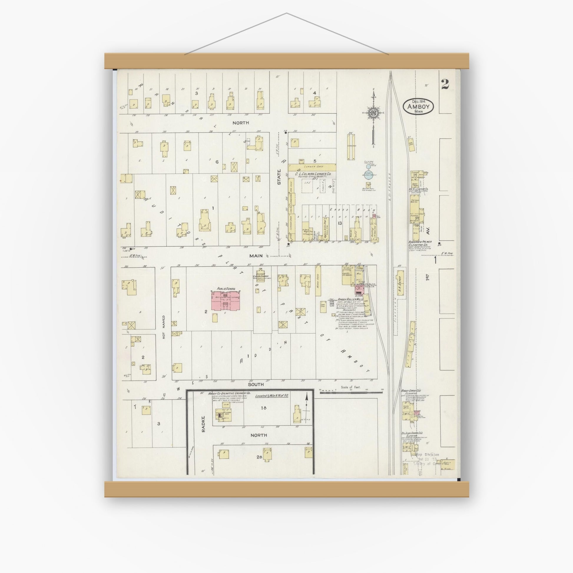 Old map wall art mockup — magnetic wood frame on white wall — Sanborn Fire Insurance Map from Amboy, Blue Earth County, Minnesota (1914), Sheet #0002