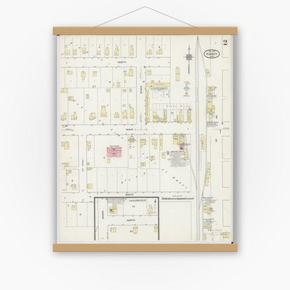 Old map wall art mockup — magnetic wood frame on white wall — Sanborn Fire Insurance Map from Amboy, Blue Earth County, Minnesota (1914), Sheet #0002