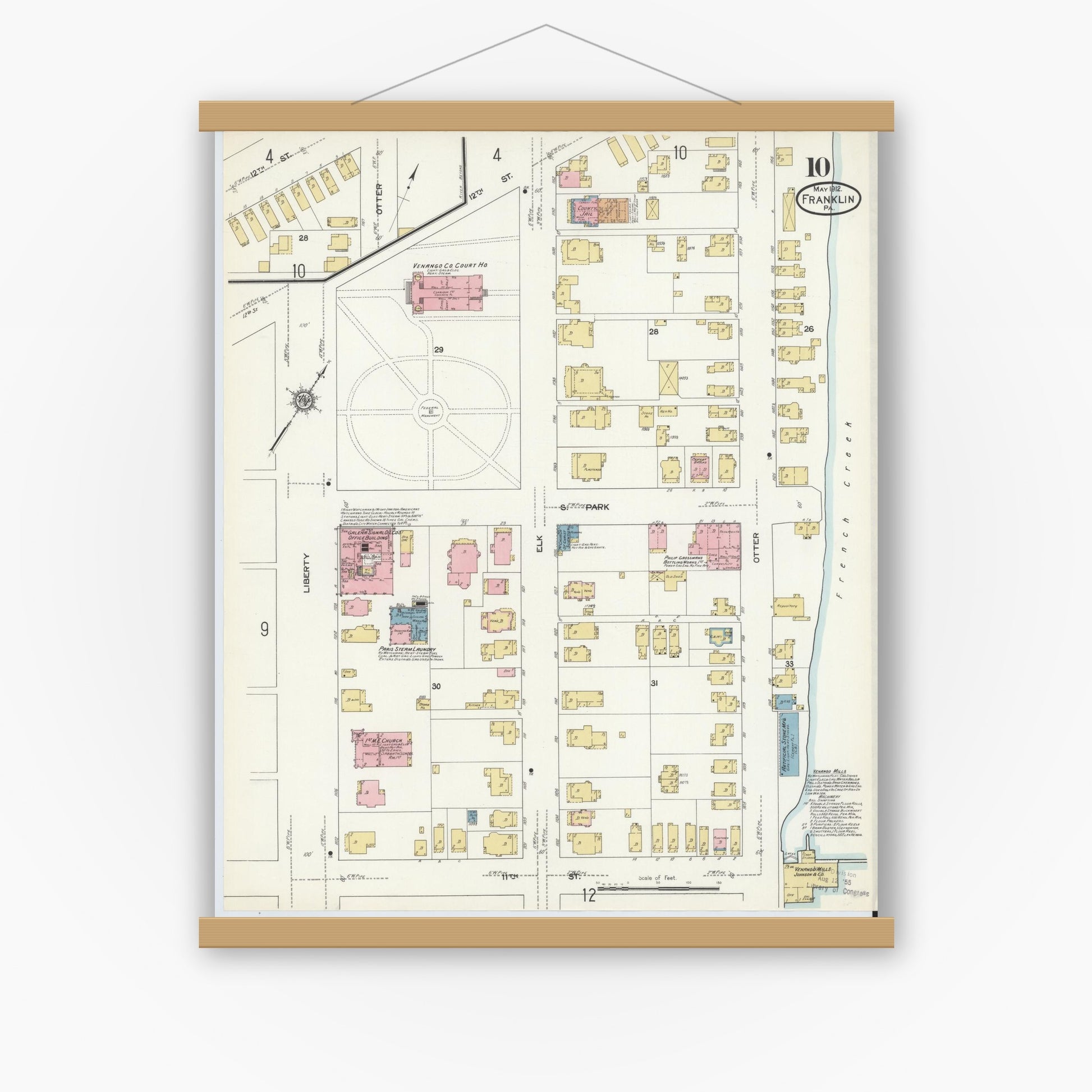 Old map wall art mockup — magnetic wood frame on white wall — Sanborn Fire Insurance Map from Franklin, Venango County, Pennsylvania (1912), Sheet #0010