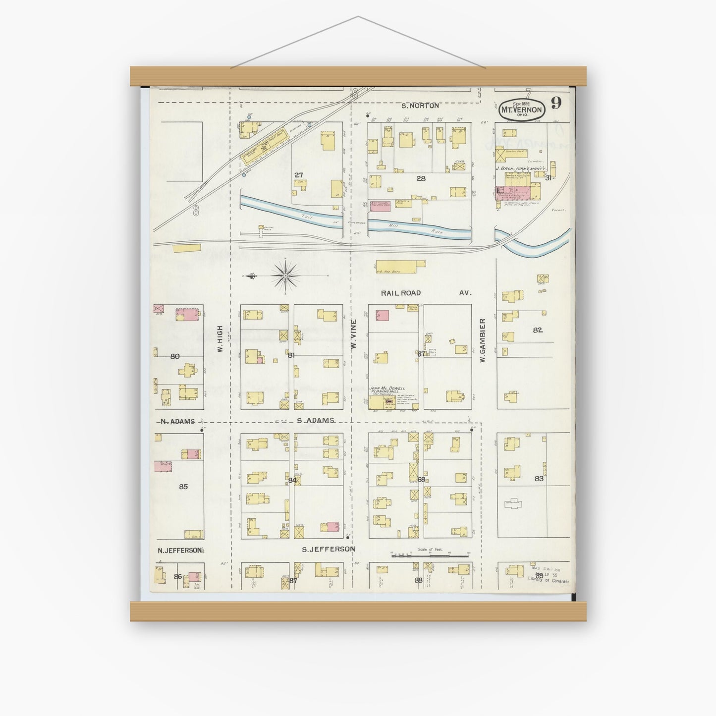 Old map wall art mockup — magnetic wood frame on white wall — Sanborn Fire Insurance Map from Mount Vernon, Knox County, Ohio (1892), Sheet #0009
