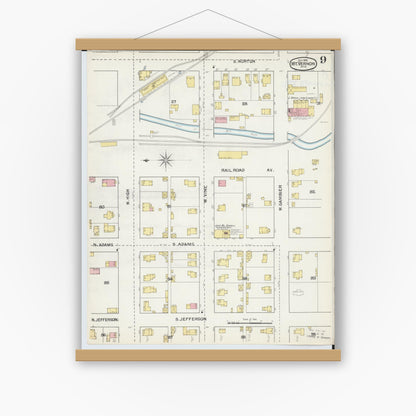 Old map wall art mockup — magnetic wood frame on white wall — Sanborn Fire Insurance Map from Mount Vernon, Knox County, Ohio (1892), Sheet #0009