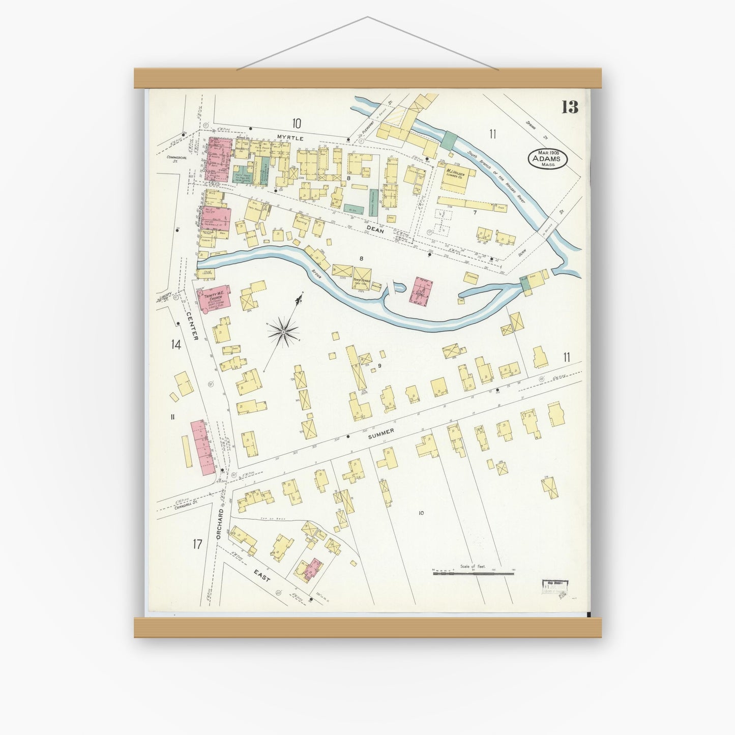 Old map wall art mockup — magnetic wood frame on white wall — Sanborn Fire Insurance Map from Adams, Berkshire County, Massachusetts (1908), Sheet #0013