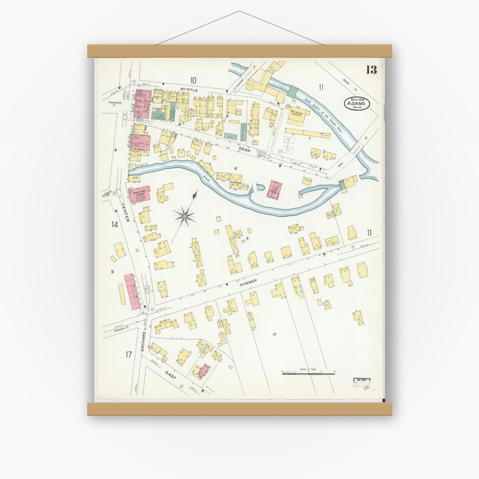 Old map wall art mockup — magnetic wood frame on white wall — Sanborn Fire Insurance Map from Adams, Berkshire County, Massachusetts (1908), Sheet #0013