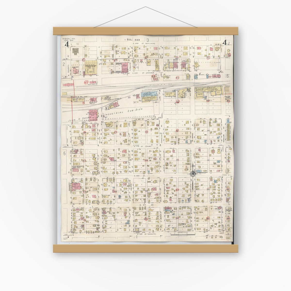 Old map wall art mockup — magnetic wood frame on white wall — Sanborn Fire Insurance Map from Mission, Hidalgo County, Texas (1949), Sheet #0004