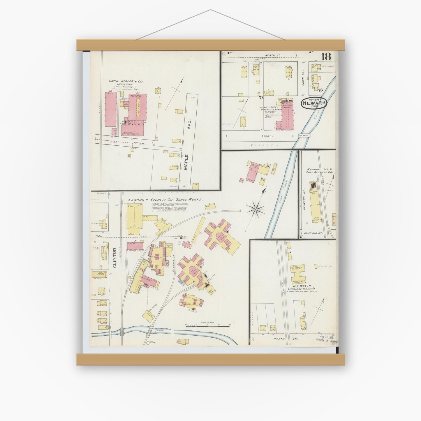 Old map wall art mockup — magnetic wood frame on white wall — Sanborn Fire Insurance Map from Newark, Licking County, Ohio (1893), Sheet #0018