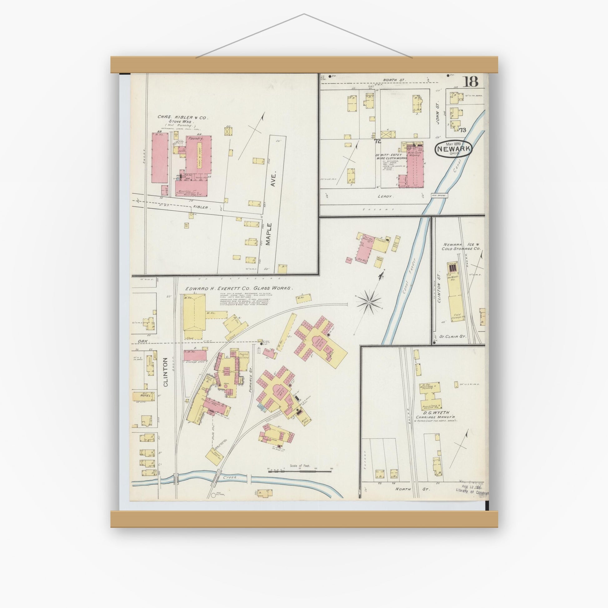 Old map wall art mockup — magnetic wood frame on white wall — Sanborn Fire Insurance Map from Newark, Licking County, Ohio (1893), Sheet #0018