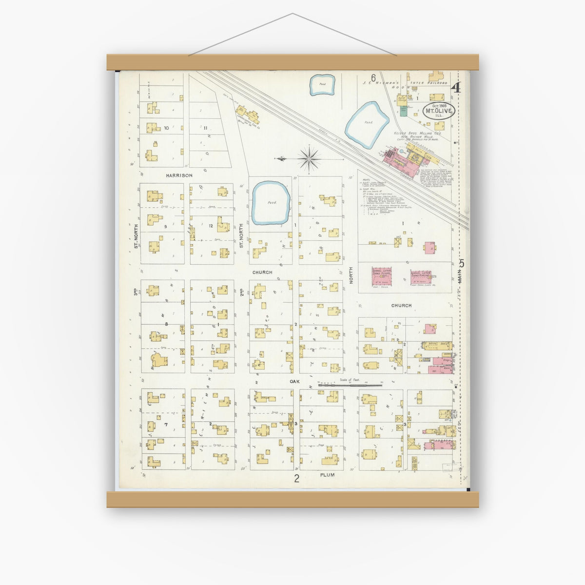 Old map wall art mockup — magnetic wood frame on white wall — Sanborn Fire Insurance Map from Mount Olive, Macoupin County, Illinois (1905), Sheet #0004