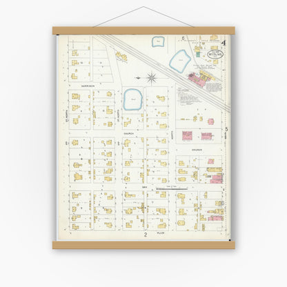 Old map wall art mockup — magnetic wood frame on white wall — Sanborn Fire Insurance Map from Mount Olive, Macoupin County, Illinois (1905), Sheet #0004