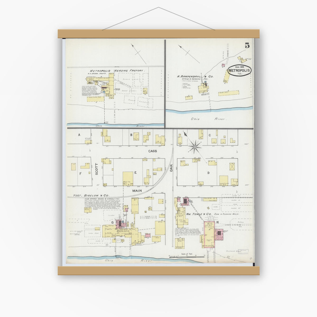 Old map wall art mockup — magnetic wood frame on white wall — Sanborn Fire Insurance Map from Metropolis, Massac County, Illinois (1892), Sheet #0005
