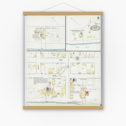 Old map wall art mockup — magnetic wood frame on white wall — Sanborn Fire Insurance Map from Metropolis, Massac County, Illinois (1892), Sheet #0005