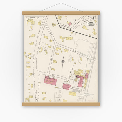 Old map wall art mockup — magnetic wood frame on white wall — Sanborn Fire Insurance Map from Oxford, Worcester County, Massachusetts (1922), Sheet #0004
