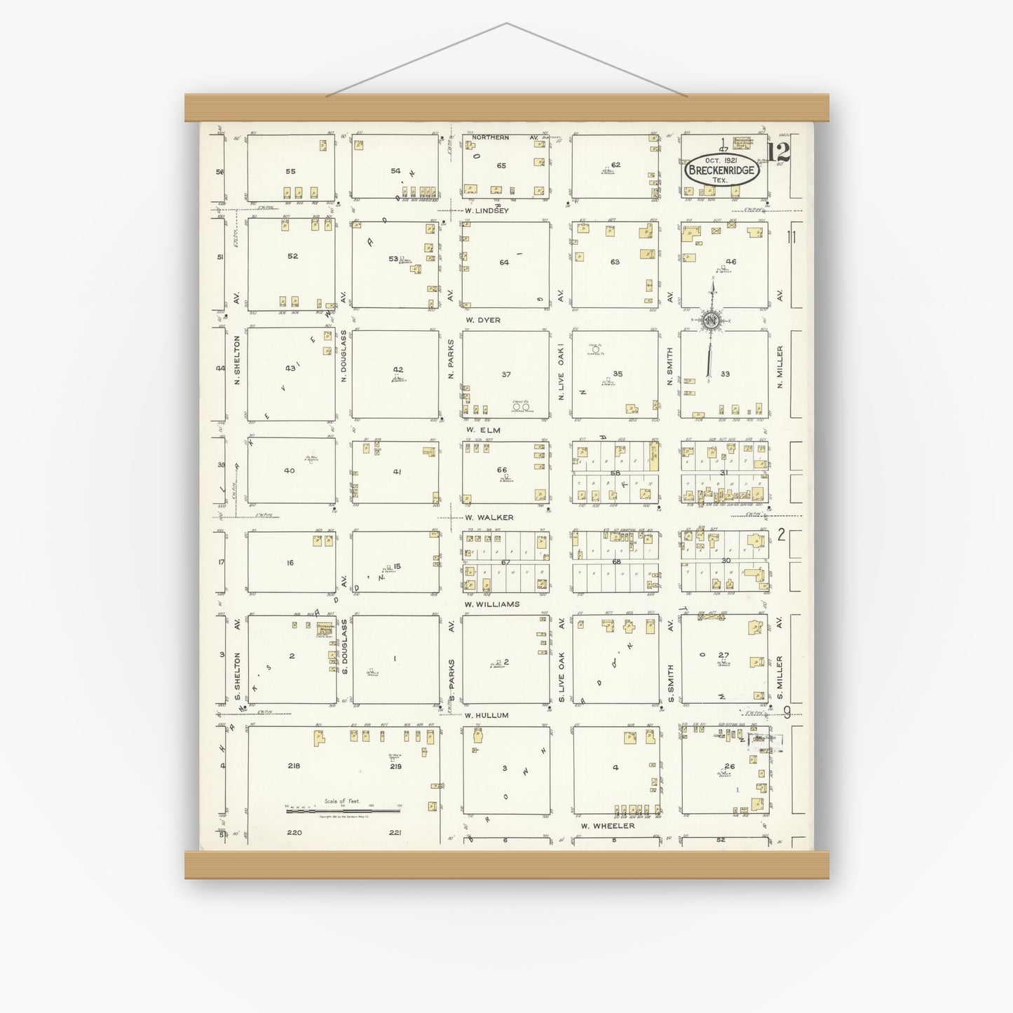 Old map wall art mockup — magnetic wood frame on white wall — Sanborn Fire Insurance Map from Breckenridge, Stephens County, Texas (1921), Sheet #0012