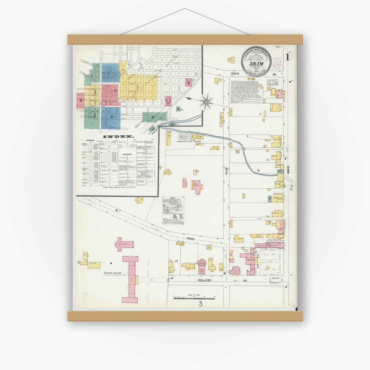 Old map wall art mockup — magnetic wood frame on white wall — Sanborn Fire Insurance Map from Salem, Independent Cities, Virginia (1903), Sheet #0001