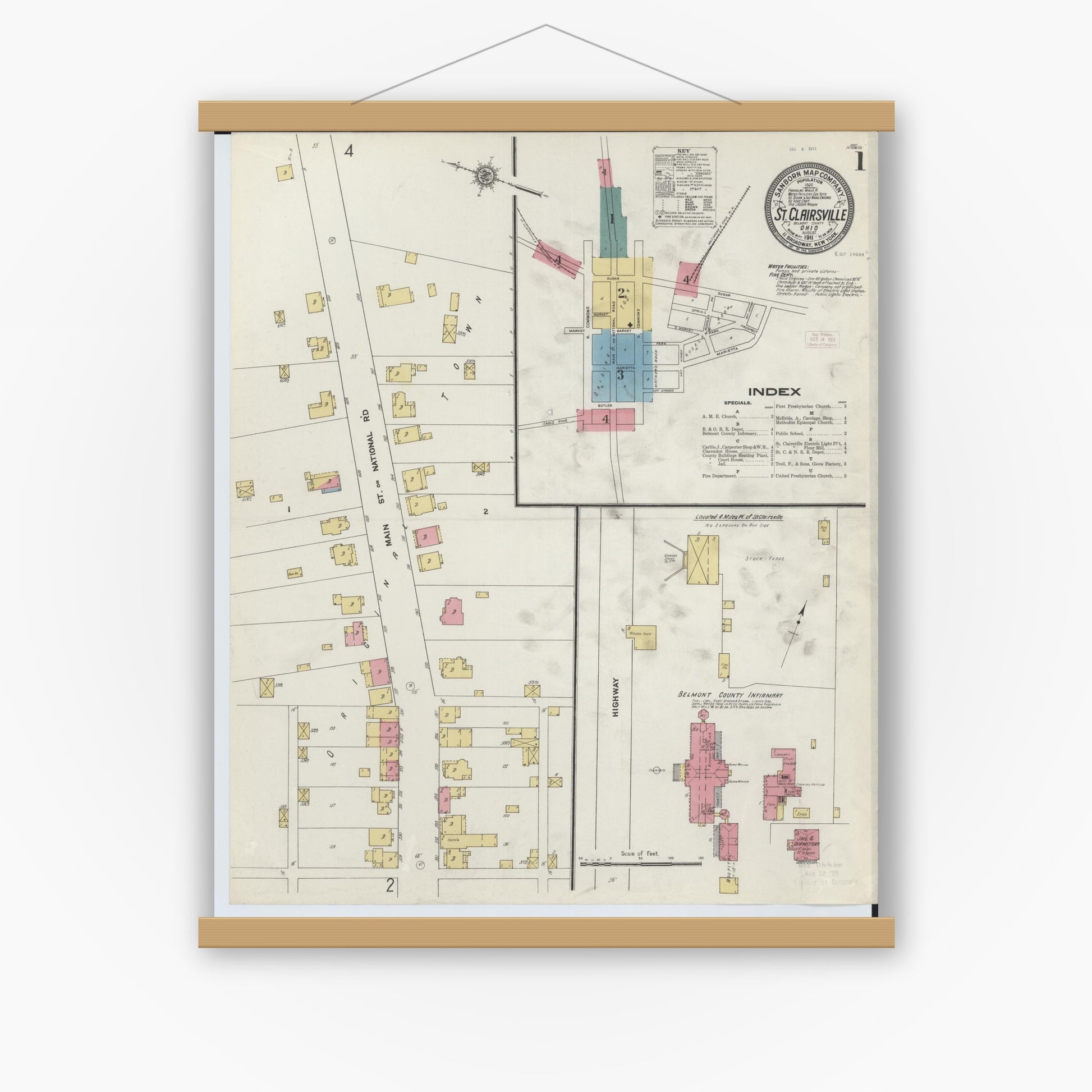 Old map wall art mockup — magnetic wood frame on white wall — Sanborn Fire Insurance Map from Saint Clairsville, Belmont County, Ohio (1911), Sheet #0001