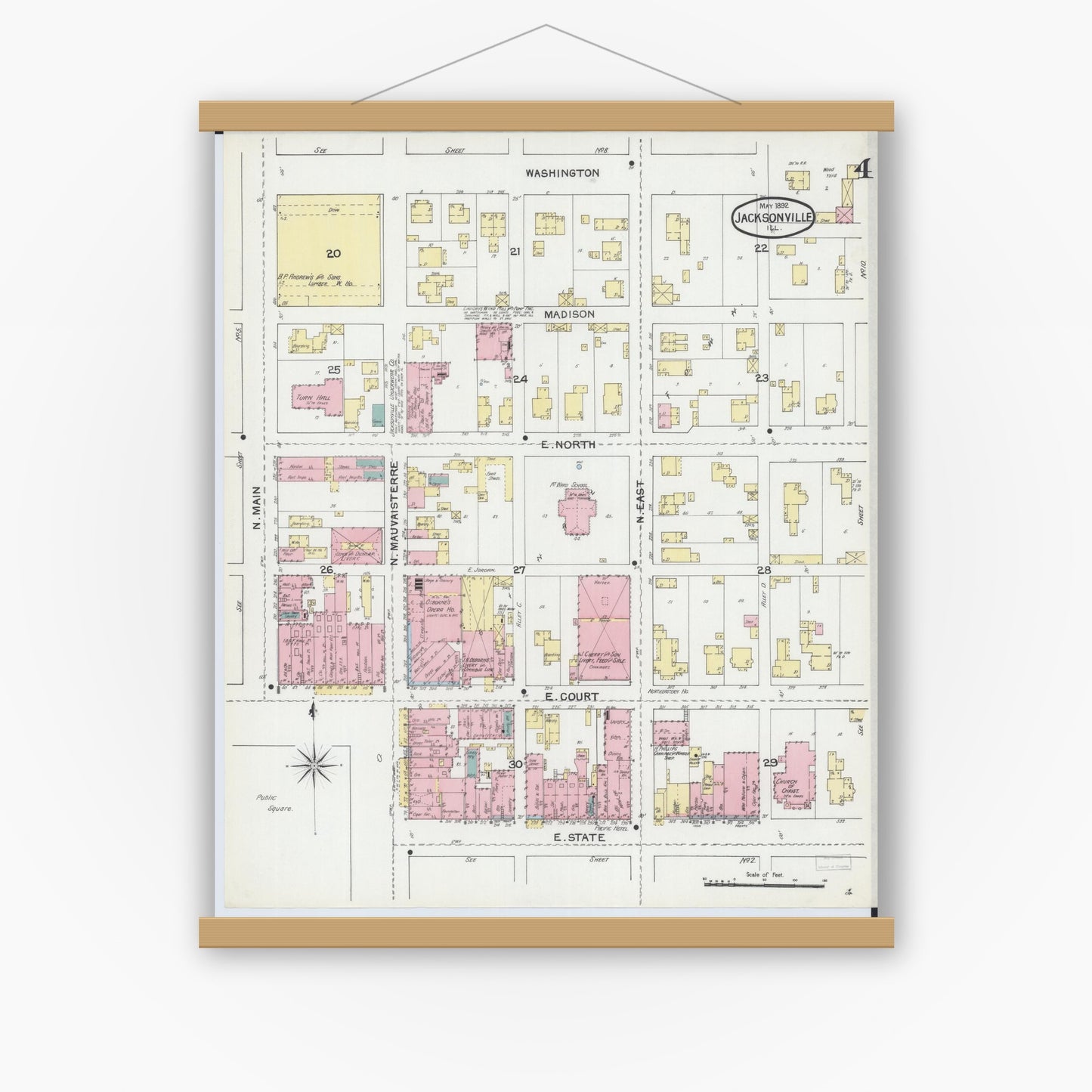 Old map wall art mockup — magnetic wood frame on white wall — Sanborn Fire Insurance Map from Jacksonville, Morgan County, Illinois (1892), Sheet #0004