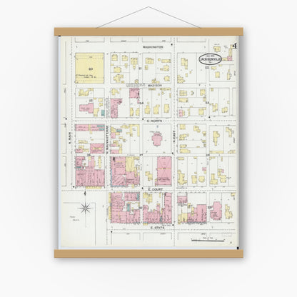 Old map wall art mockup — magnetic wood frame on white wall — Sanborn Fire Insurance Map from Jacksonville, Morgan County, Illinois (1892), Sheet #0004