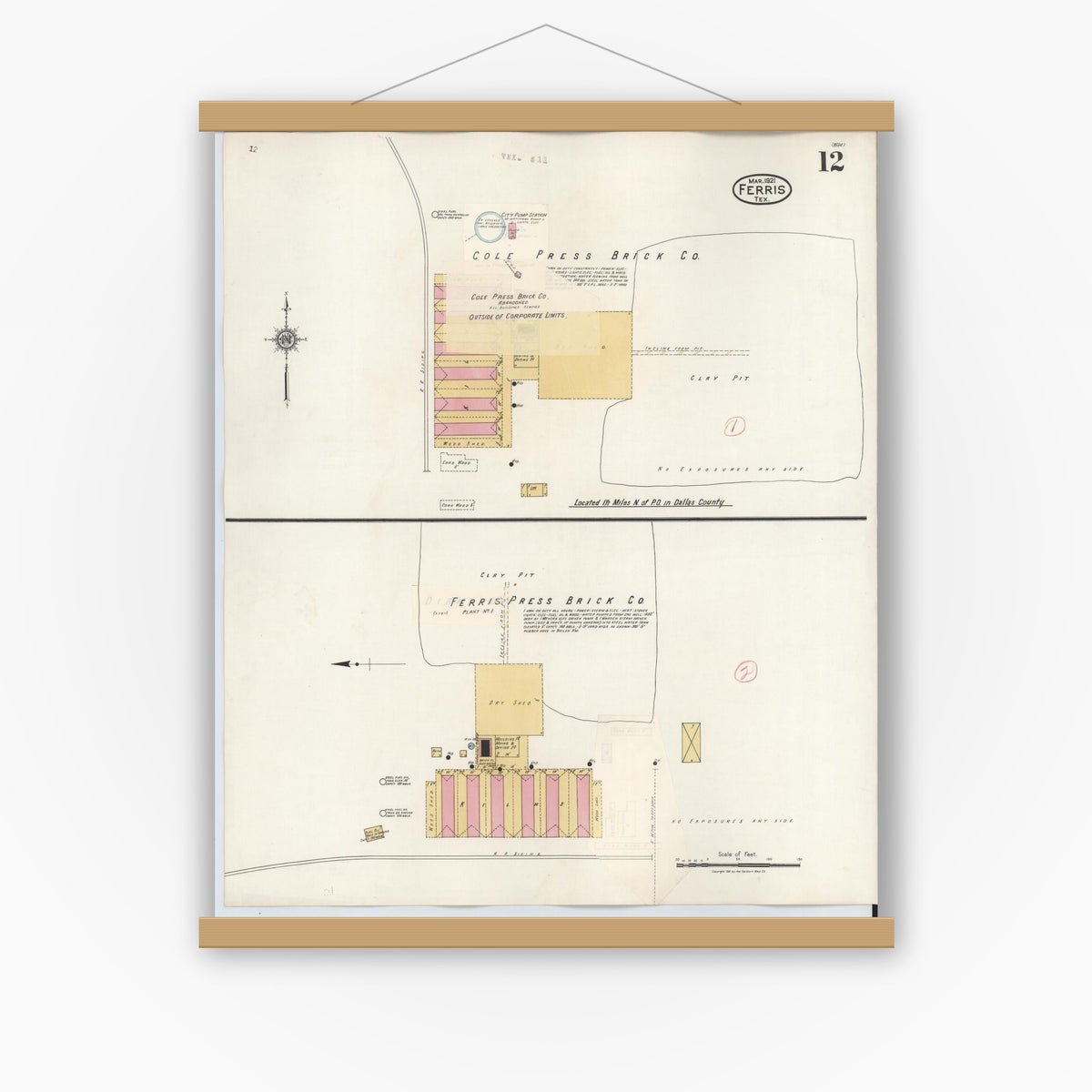Old map wall art mockup — magnetic wood frame on white wall — Sanborn Fire Insurance Map from Ferris, Ellis County, Texas (1941), Sheet #0012