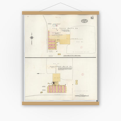 Old map wall art mockup — magnetic wood frame on white wall — Sanborn Fire Insurance Map from Ferris, Ellis County, Texas (1941), Sheet #0012