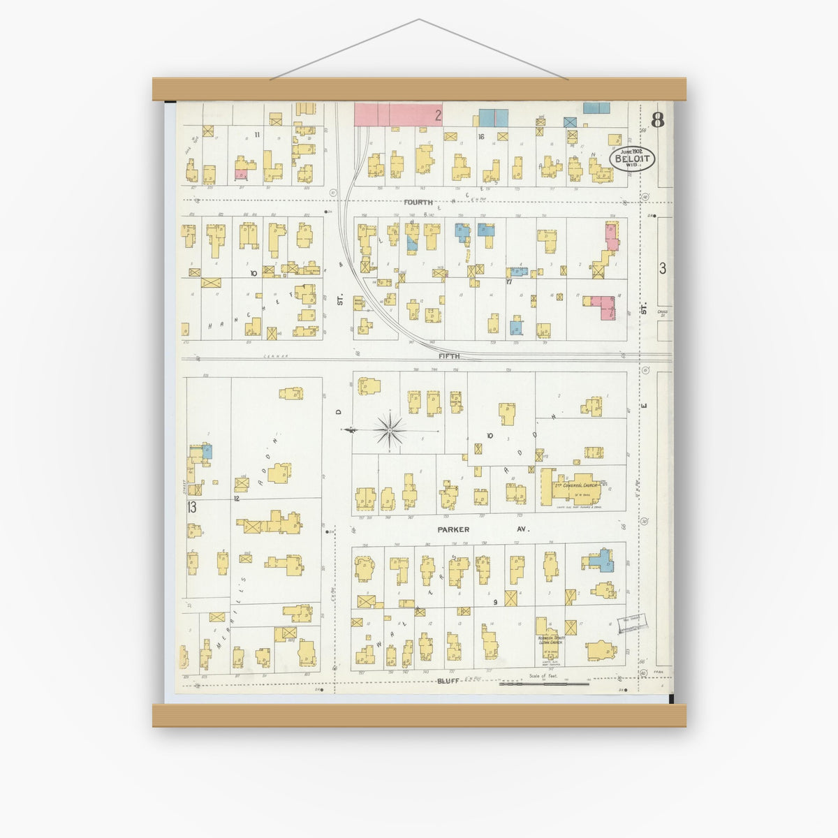 Old map wall art mockup — magnetic wood frame on white wall — Sanborn Fire Insurance Map from Beloit, Rock County, Wisconsin (1902), Sheet #0008