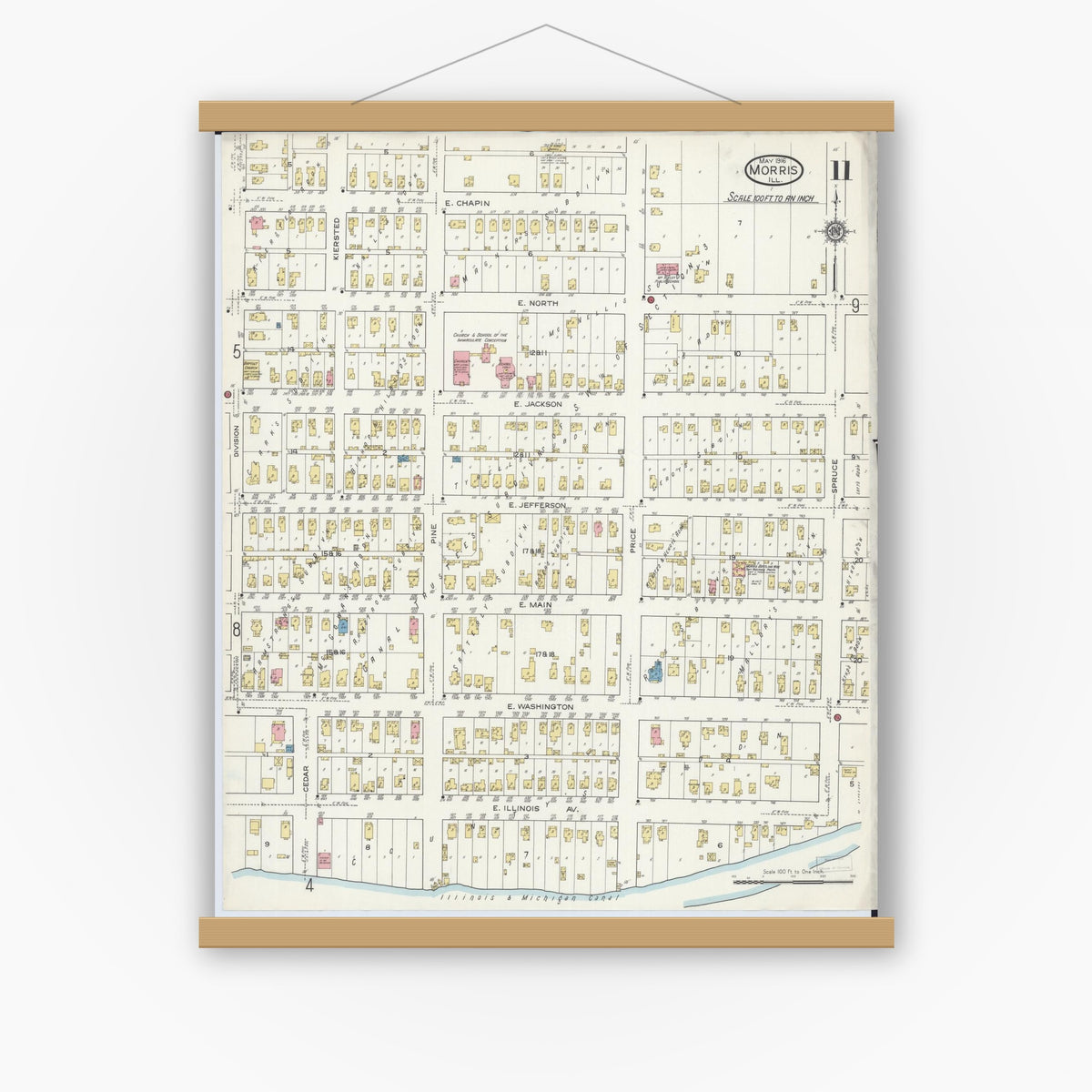 Old map wall art mockup — magnetic wood frame on white wall — Sanborn Fire Insurance Map from Morris, Grundy County, Illinois (1916), Sheet #0011