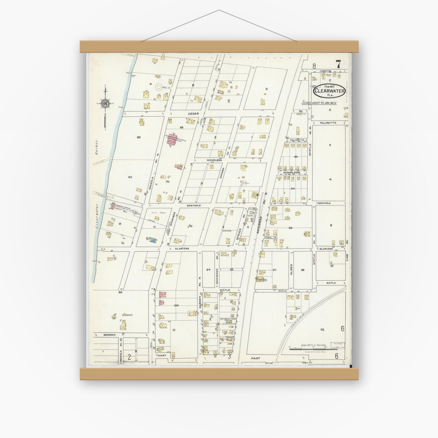 Old map wall art mockup — magnetic wood frame on white wall — Sanborn Fire Insurance Map from Clearwater, Pinellas County, Florida (1917), Sheet #0007
