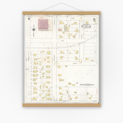 Old map wall art mockup — magnetic wood frame on white wall — Sanborn Fire Insurance Map from Saint Charles, Winona County, Minnesota (1940), Sheet #0006