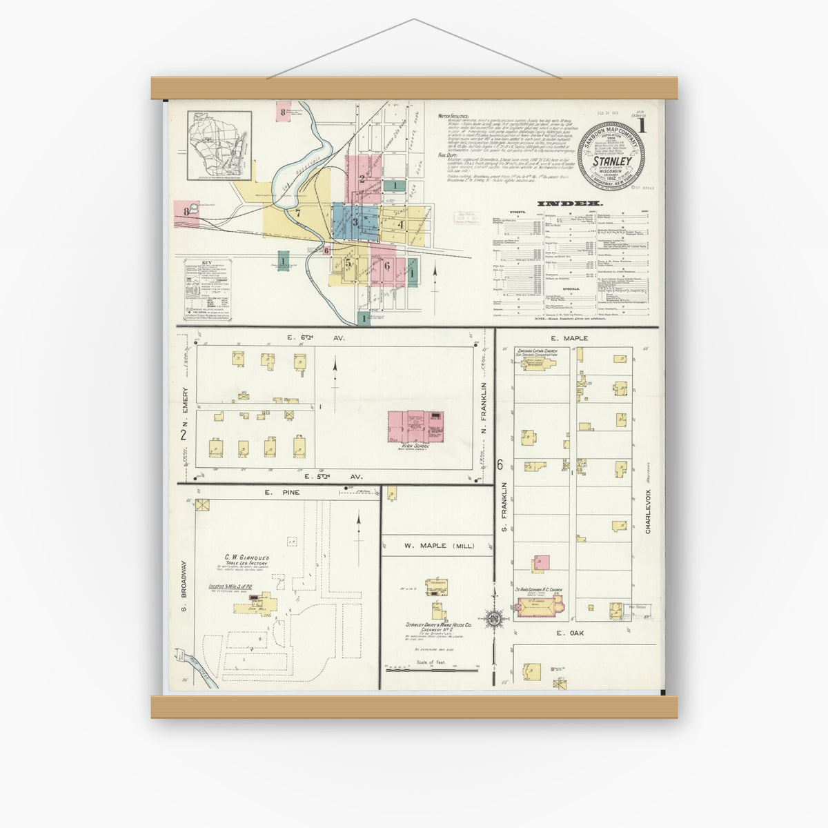 Old map wall art mockup — magnetic wood frame on white wall — Sanborn Fire Insurance Map from Stanley, Chippewa County, Wisconsin (1912) - Complete Map Set