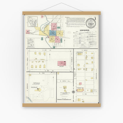 Old map wall art mockup — magnetic wood frame on white wall — Sanborn Fire Insurance Map from Stanley, Chippewa County, Wisconsin (1912) - Complete Map Set