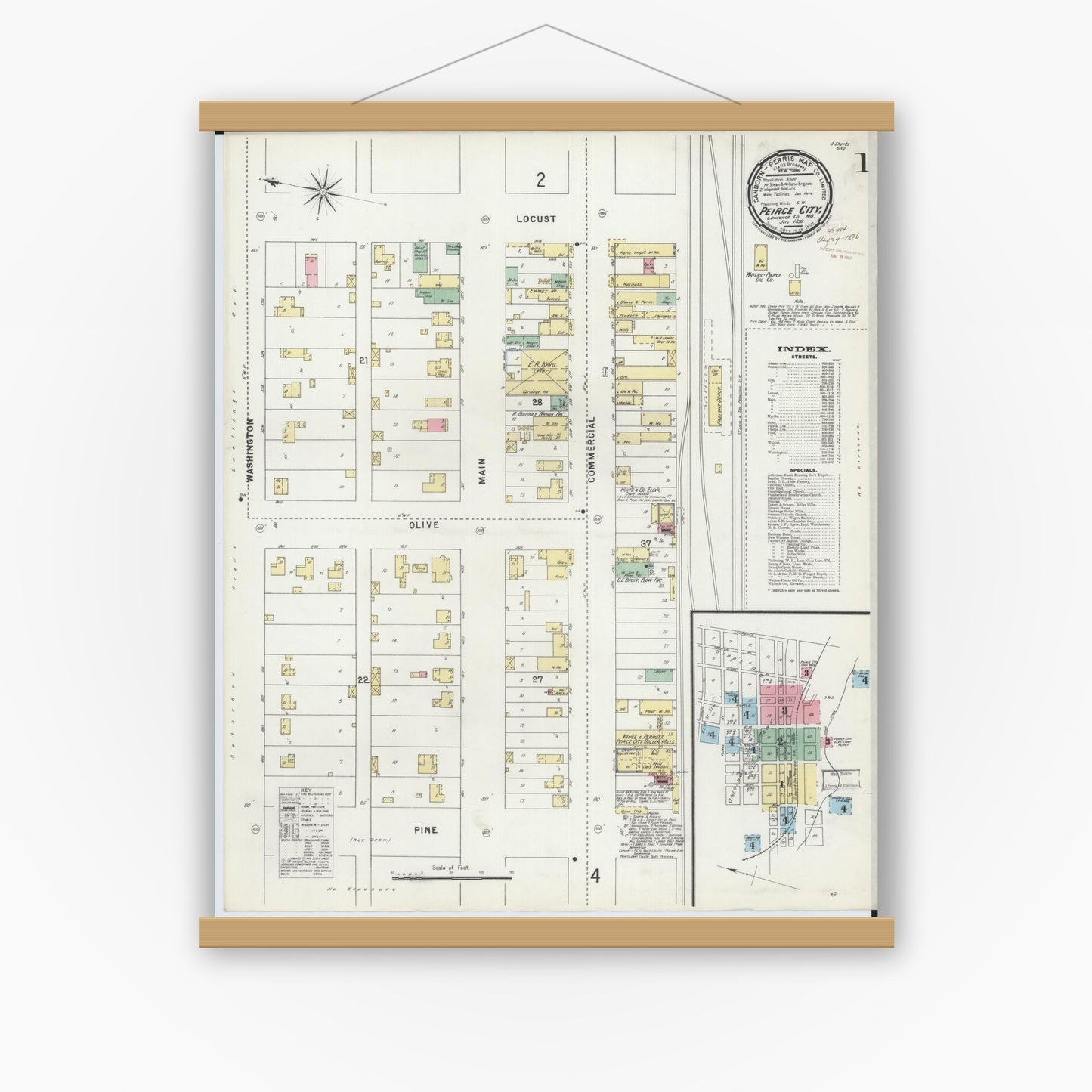 Old map wall art mockup — magnetic wood frame on white wall — Sanborn Fire Insurance Map from Pierce City, Lawrence County, Missouri (1896), Sheet #0001