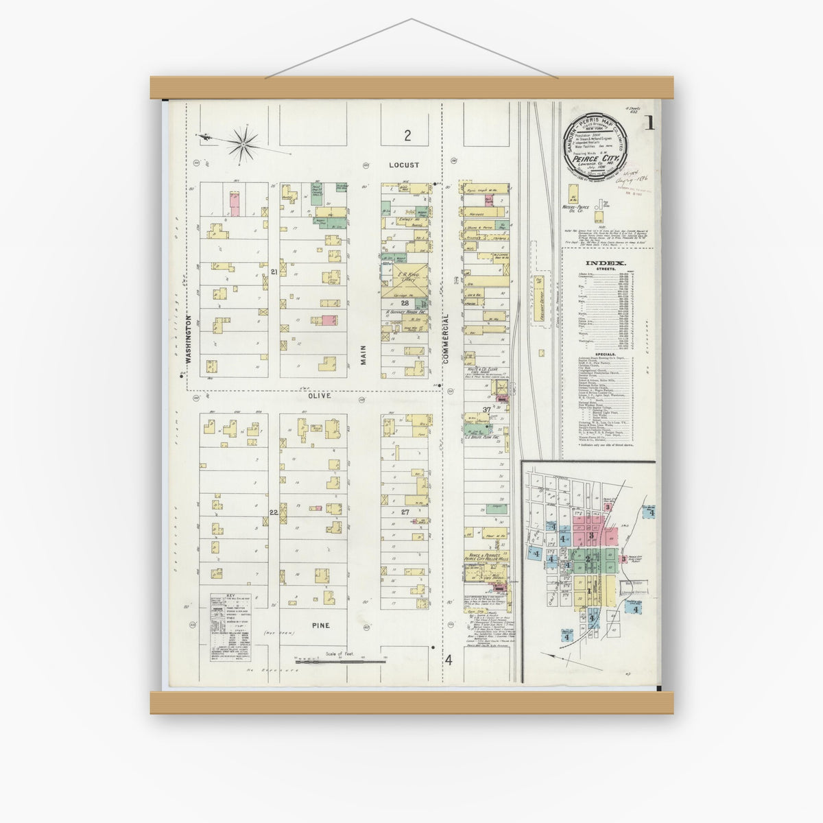 Old map wall art mockup — magnetic wood frame on white wall — Sanborn Fire Insurance Map from Pierce City, Lawrence County, Missouri (1896), Sheet #0001