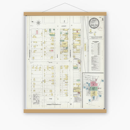 Old map wall art mockup — magnetic wood frame on white wall — Sanborn Fire Insurance Map from Pierce City, Lawrence County, Missouri (1896), Sheet #0001