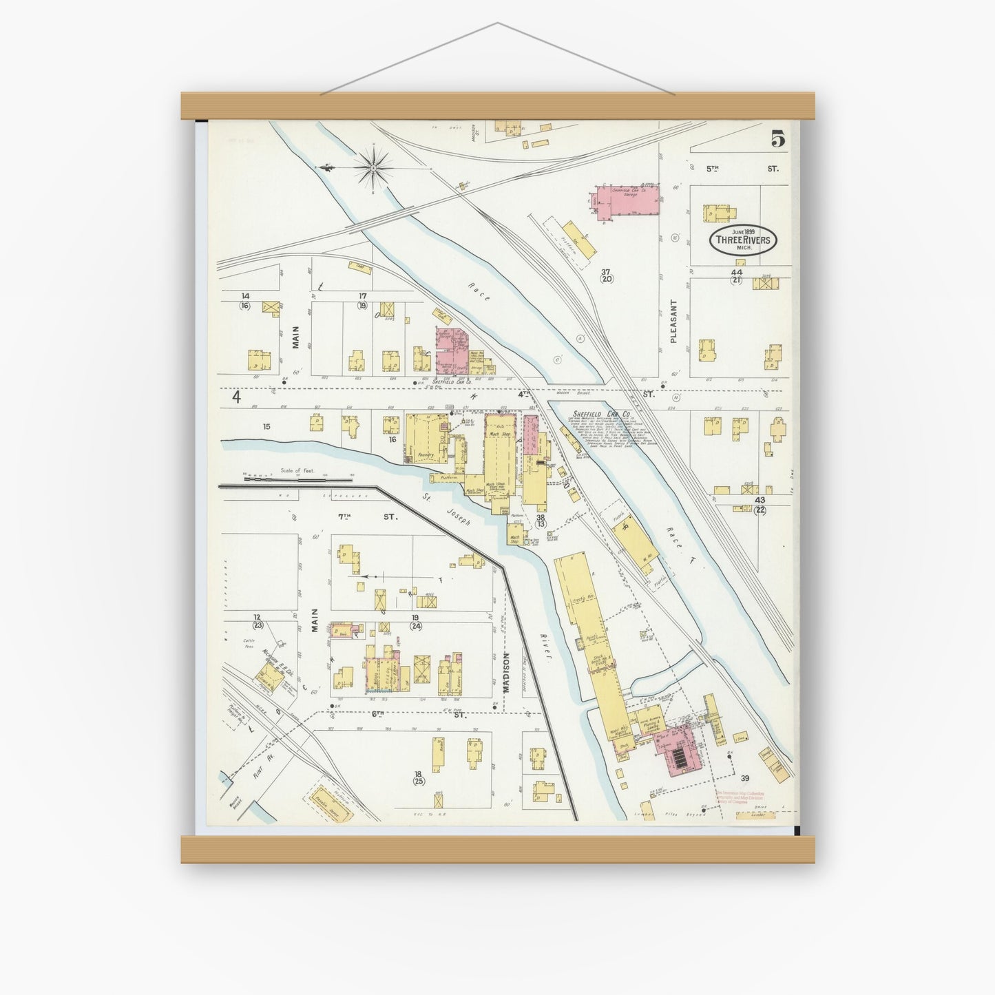 Old map wall art mockup — magnetic wood frame on white wall — Sanborn Fire Insurance Map from Three Rivers, Saint Joseph County, Michigan (1899), Sheet #0005