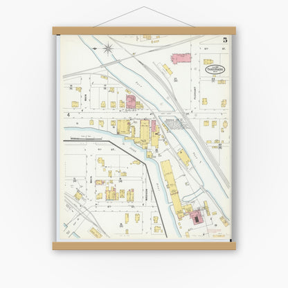 Old map wall art mockup — magnetic wood frame on white wall — Sanborn Fire Insurance Map from Three Rivers, Saint Joseph County, Michigan (1899), Sheet #0005