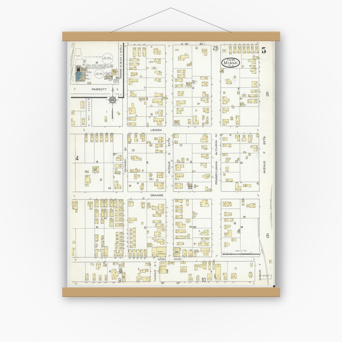 Old map wall art mockup — magnetic wood frame on white wall — Sanborn Fire Insurance Map from Miami, Dade County, Florida (1914), Sheet #0005