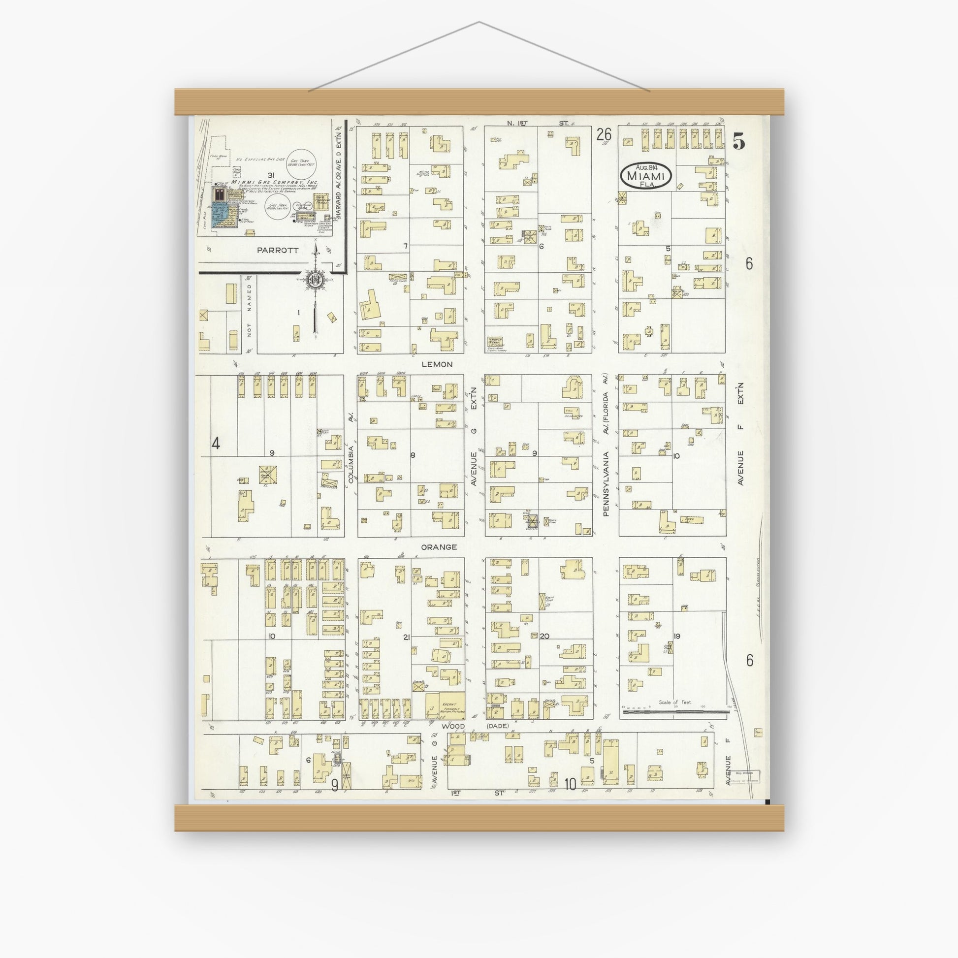 Old map wall art mockup — magnetic wood frame on white wall — Sanborn Fire Insurance Map from Miami, Dade County, Florida (1914), Sheet #0005