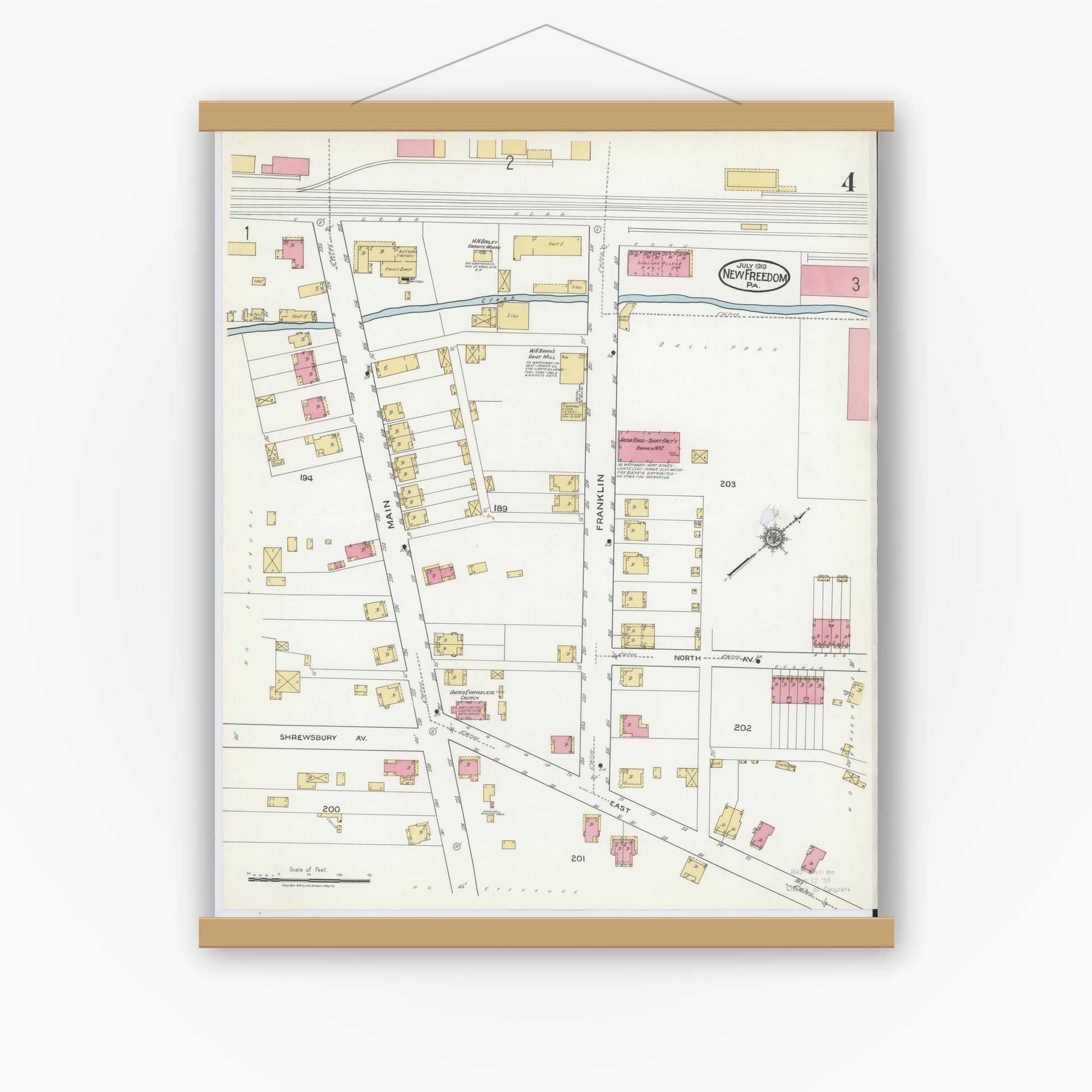 Old map wall art mockup — magnetic wood frame on white wall — Sanborn Fire Insurance Map from New Freedom, York County, Pennsylvania (1919), Sheet #0004