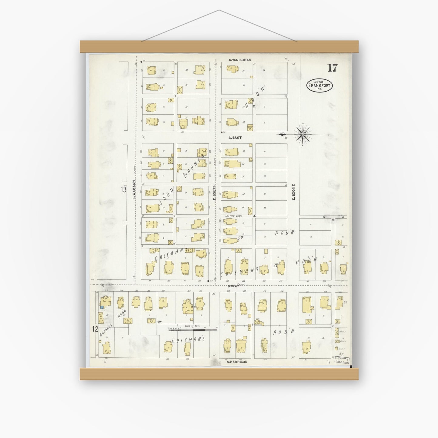Old map wall art mockup — magnetic wood frame on white wall — Sanborn Fire Insurance Map from Frankfort, Clinton County, Indiana (1906), Sheet #0017