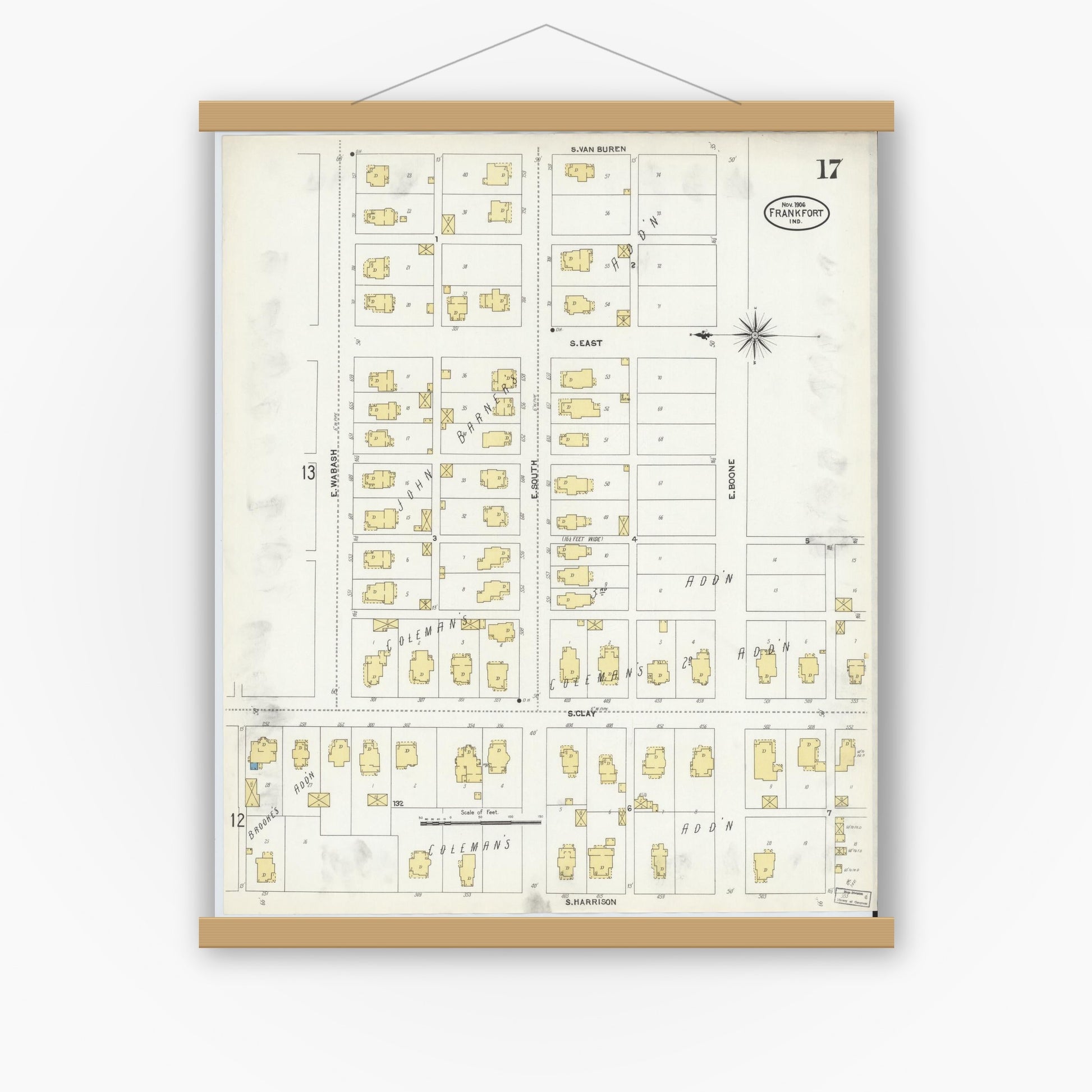 Old map wall art mockup — magnetic wood frame on white wall — Sanborn Fire Insurance Map from Frankfort, Clinton County, Indiana (1906), Sheet #0017