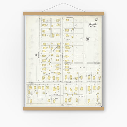Old map wall art mockup — magnetic wood frame on white wall — Sanborn Fire Insurance Map from Frankfort, Clinton County, Indiana (1906), Sheet #0017