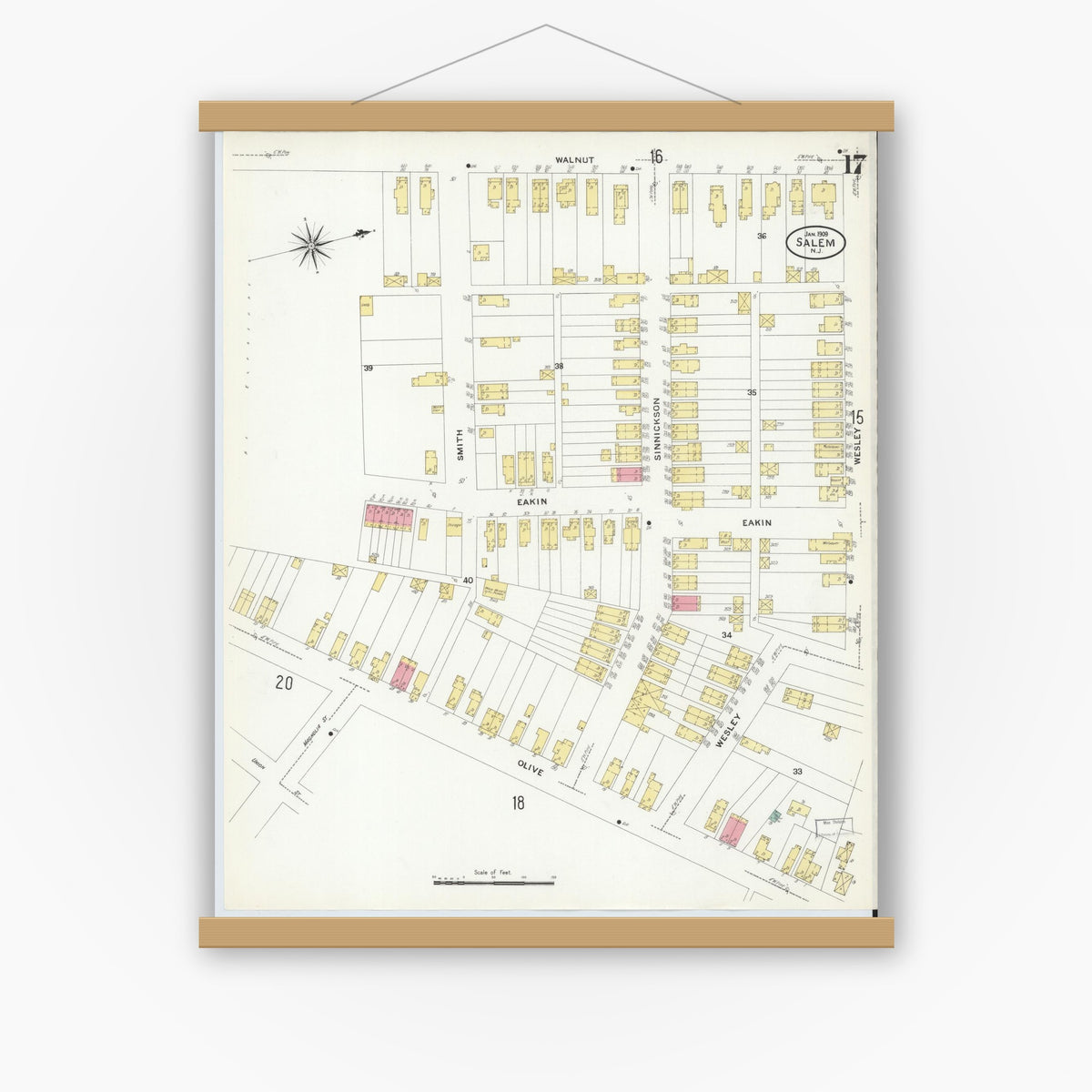 Old map wall art mockup — magnetic wood frame on white wall — Sanborn Fire Insurance Map from Salem, Salem County, New Jersey (1909), Sheet #0017