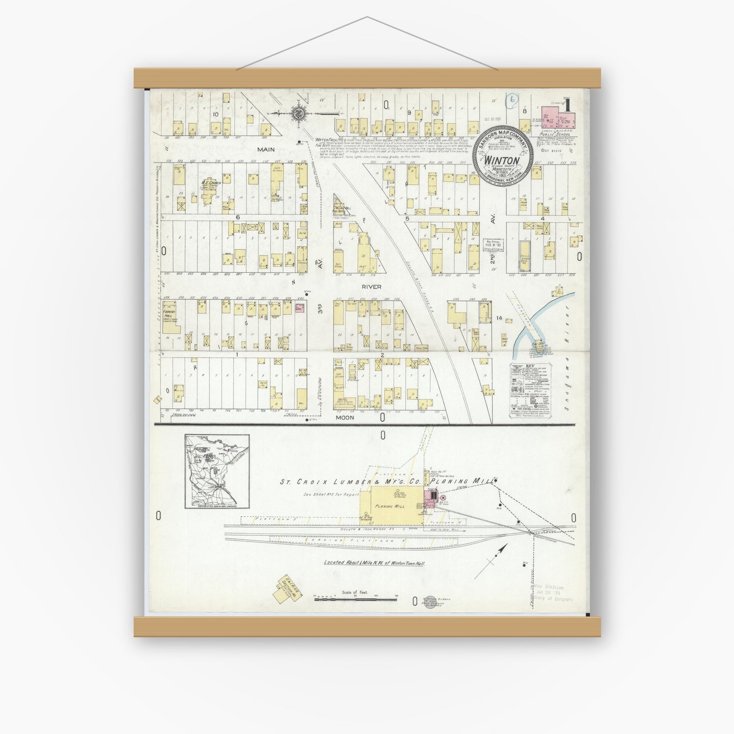 Old map wall art mockup — magnetic wood frame on white wall — Sanborn Fire Insurance Map from Winton, Saint Louis County, Minnesota (1921) - Complete Map Set