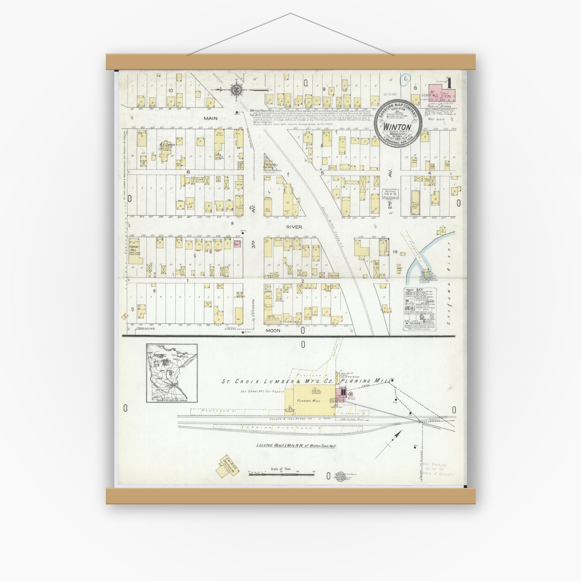 Old map wall art mockup — magnetic wood frame on white wall — Sanborn Fire Insurance Map from Winton, Saint Louis County, Minnesota (1921) - Complete Map Set