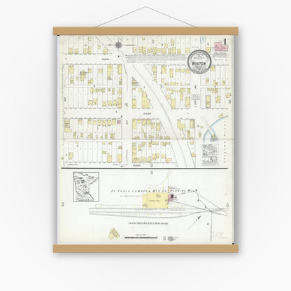 Old map wall art mockup — magnetic wood frame on white wall — Sanborn Fire Insurance Map from Winton, Saint Louis County, Minnesota (1921) - Complete Map Set