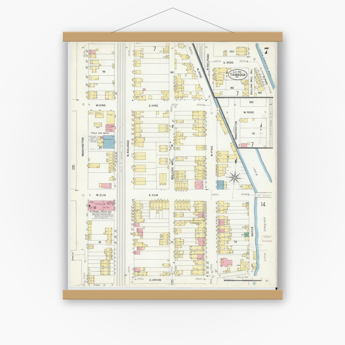 Old map wall art mockup — magnetic wood frame on white wall — Sanborn Fire Insurance Map from Tamaqua, Schuylkill County, Pennsylvania (1908), Sheet #0007