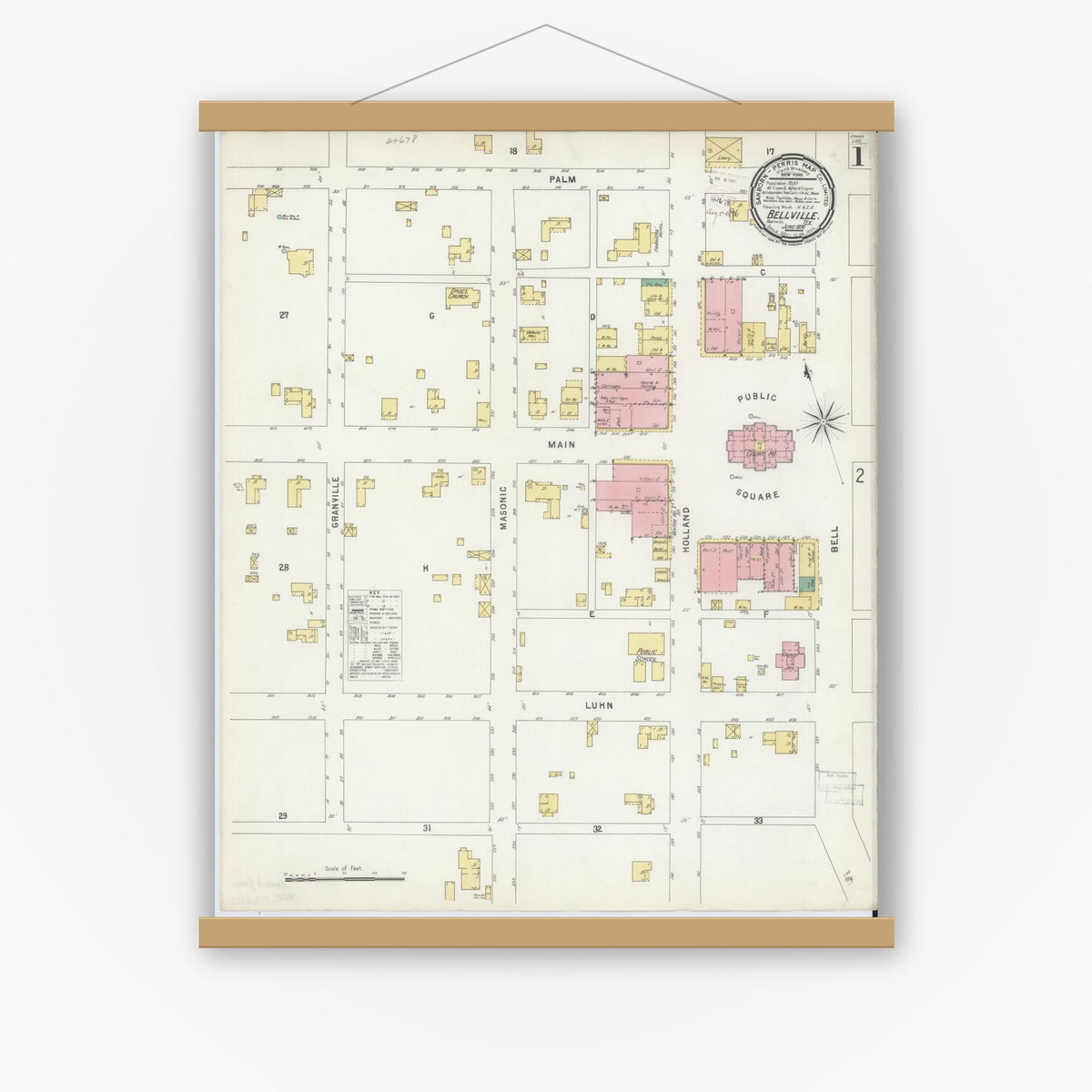 Old map wall art mockup — magnetic wood frame on white wall — Sanborn Fire Insurance Map from Bellville, Austin County, Texas (1896) - Complete Map Set