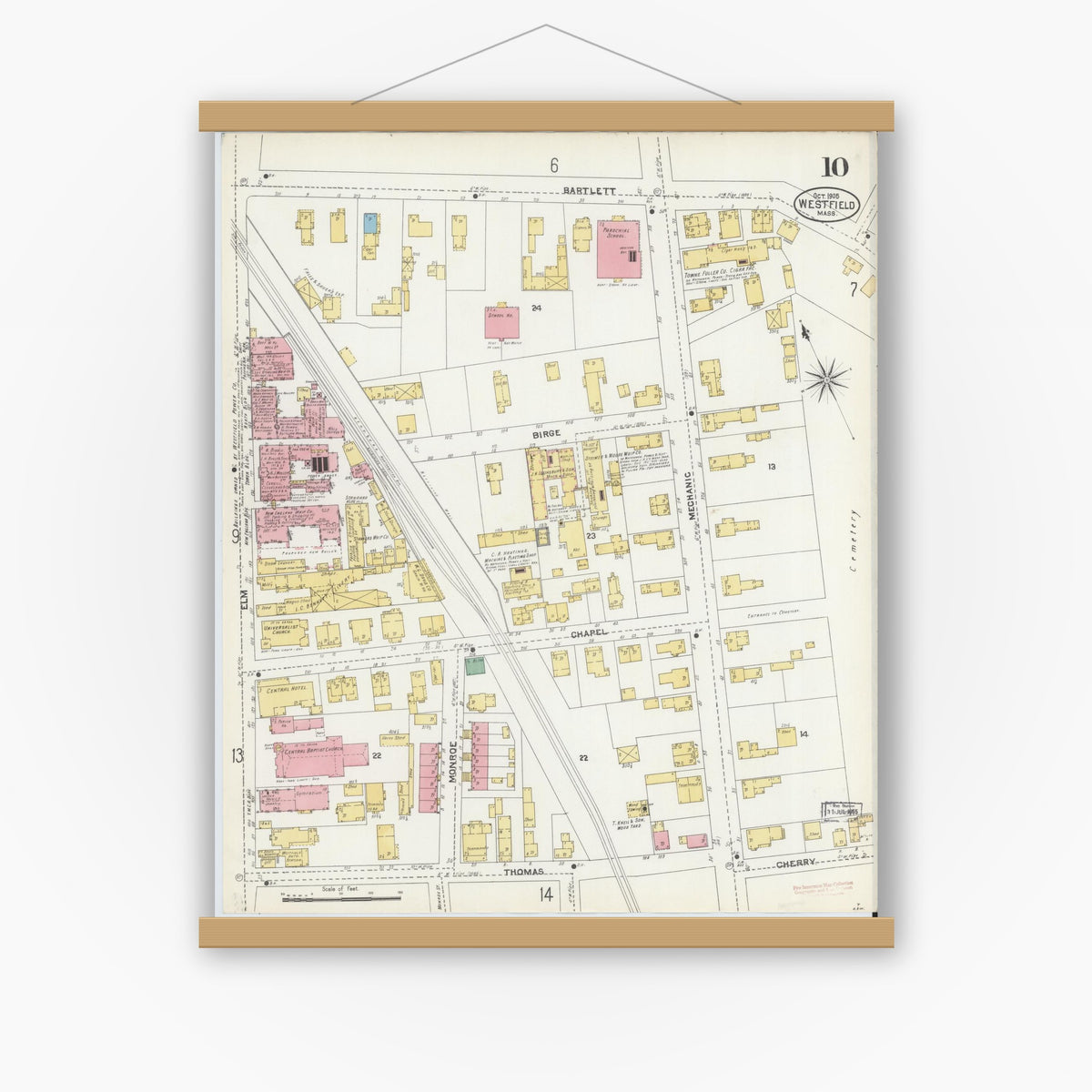 Old map wall art mockup — magnetic wood frame on white wall — Sanborn Fire Insurance Map from Westfield, Hampden County, Massachusetts (1905), Sheet #0010