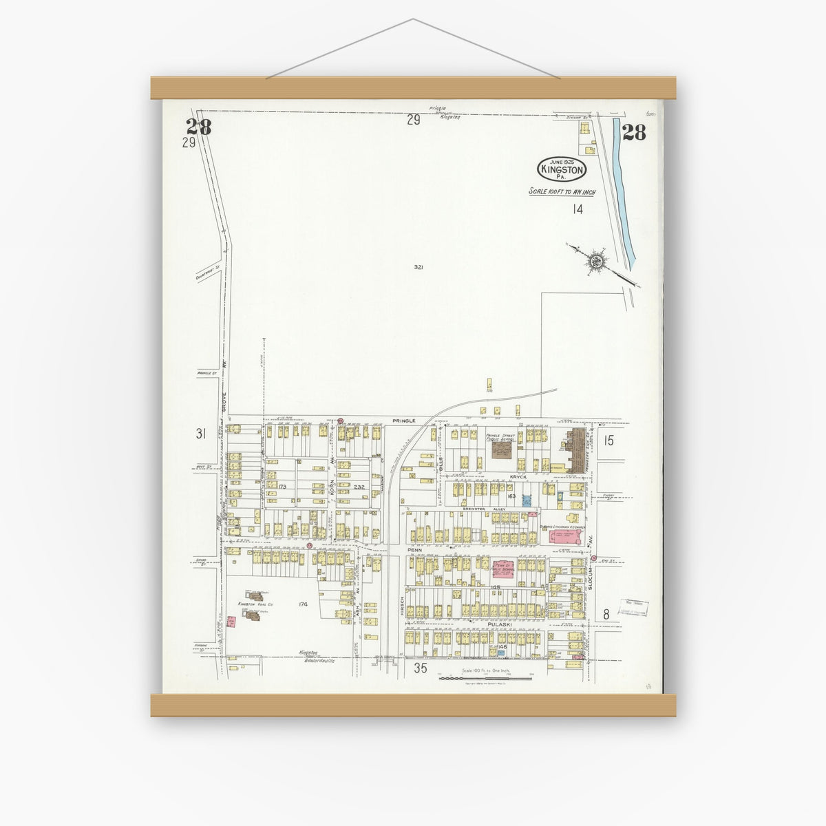 Old map wall art mockup — magnetic wood frame on white wall — Sanborn Fire Insurance Map from Kingston, Luzerne County, Pennsylvania (1925), Sheet #0028