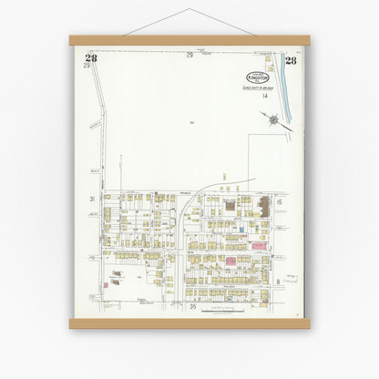 Old map wall art mockup — magnetic wood frame on white wall — Sanborn Fire Insurance Map from Kingston, Luzerne County, Pennsylvania (1925), Sheet #0028