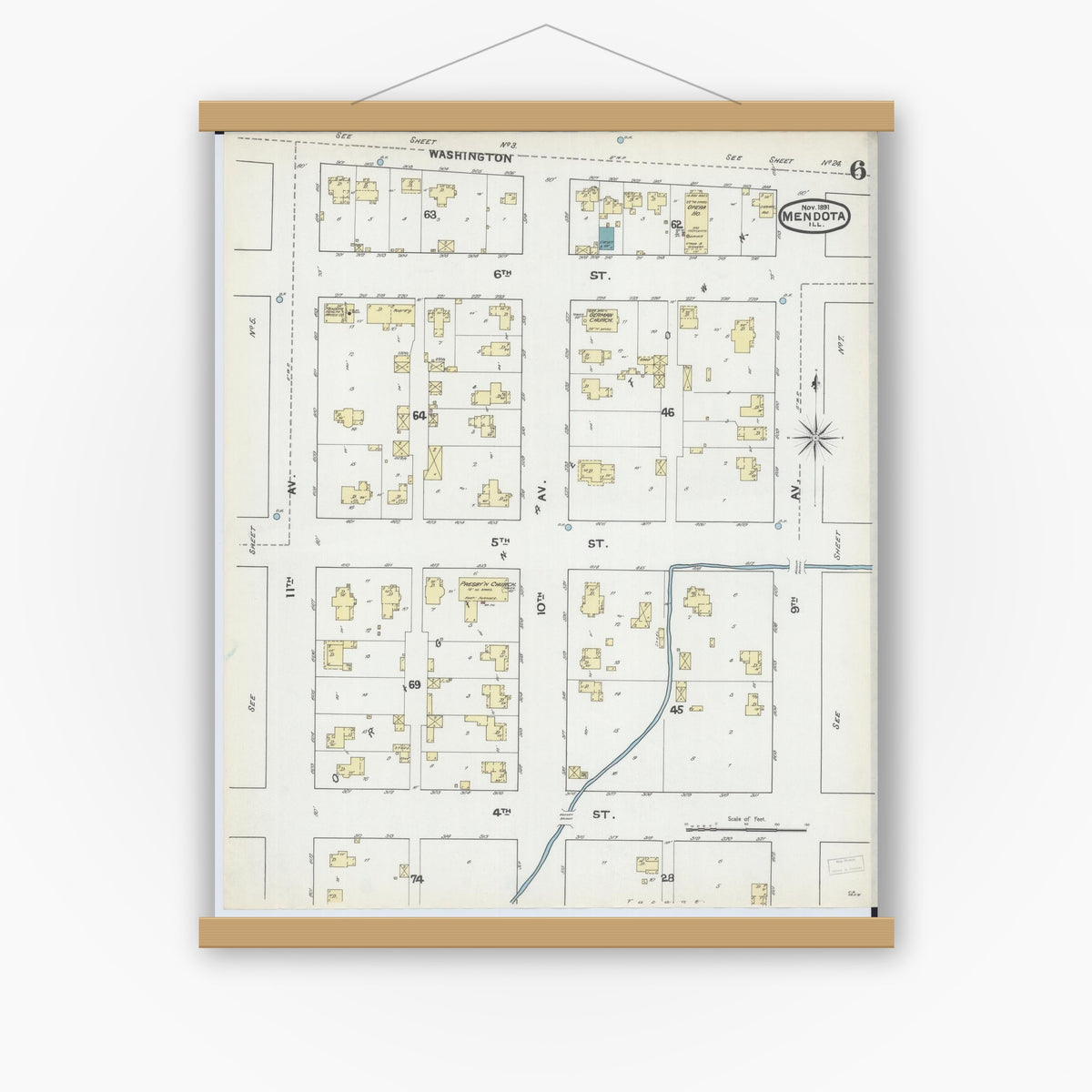 Old map wall art mockup — magnetic wood frame on white wall — Sanborn Fire Insurance Map from Mendota, La Salle County, Illinois (1891), Sheet #0006