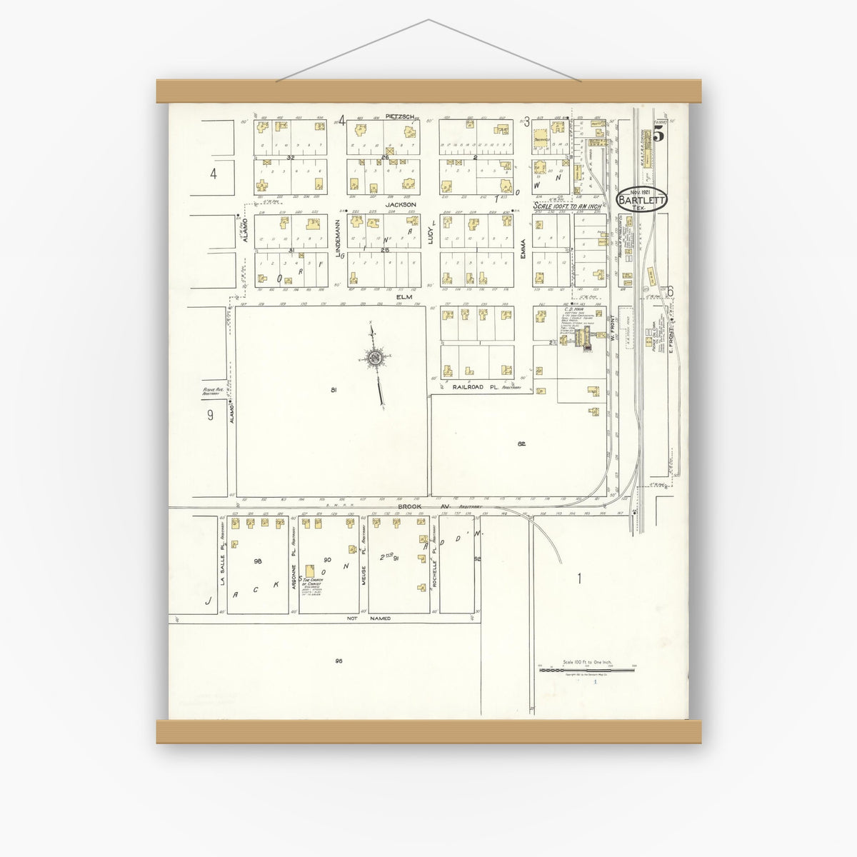 Old map wall art mockup — magnetic wood frame on white wall — Sanborn Fire Insurance Map from Bartlett, Bell and Williamson Counties, Texas (1921), Sheet #0005